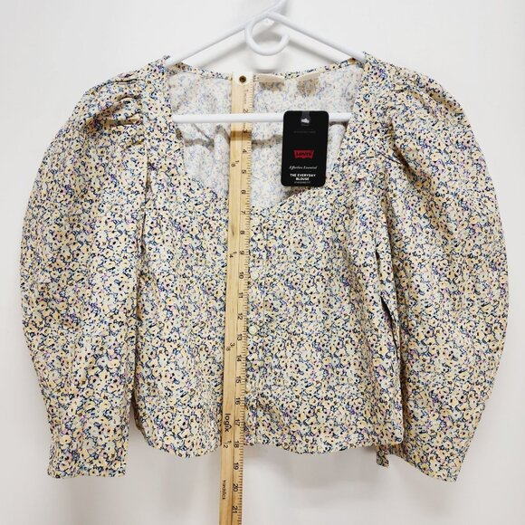 Levi's Floral Cropped Top Women's Size S Beige Square Neck Puff Sleeves - Picture 8 of 11